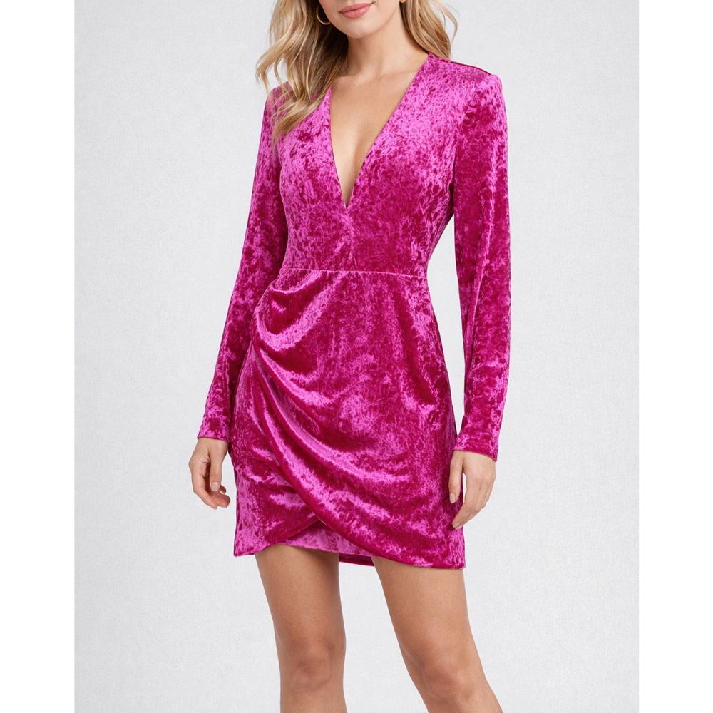 Ronny Kobo Ryan Velvet Dress Womens XS Pink Plunge V-Neck Ruched Wrap Mini Party